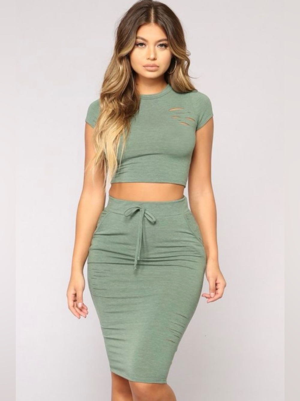 Fashion Nova Olive Green Drawstring Pencil Skirt Set